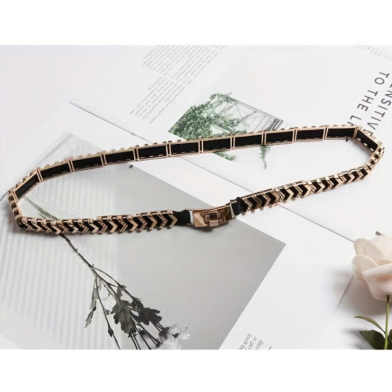 Geometric Linked Metal Belt Golden Waistband Dress Girdle Elastic Thin