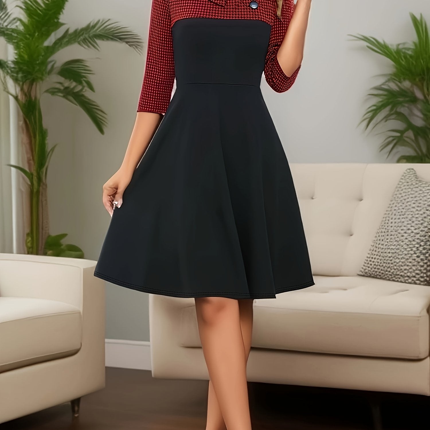  Colorblock Houndstooth Round Neck Dress