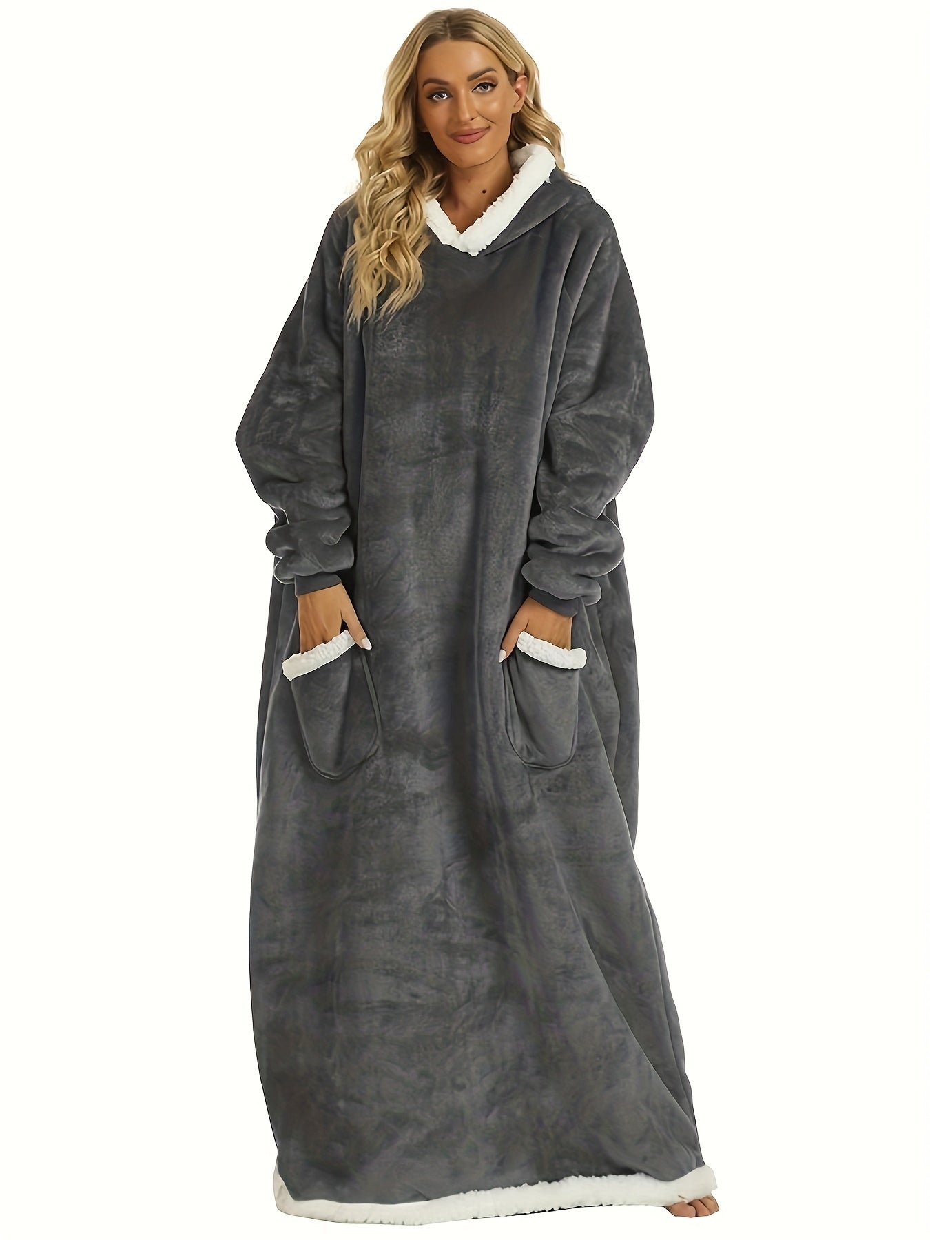  Hooded Flannel Loungewear Robe with Pockets