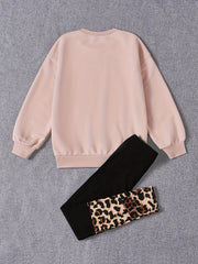 Girls Leopard Print Sweatshirt Top & Leggings Set for Kids