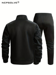 Men's Sports Suit with Stand Collar Zip Up Jacket & Stretch Waist Pants