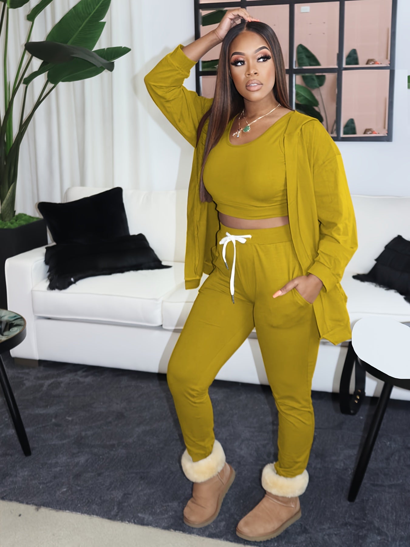  Women's 3 Piece Set: Tank Top, Hooded Coat, Drawstring Pants