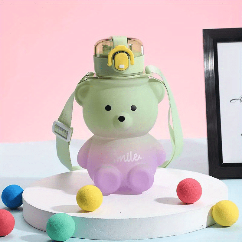 Cartoon Bear Water Bottle 27oz Leak Proof BPA Plastic Straw and Strap