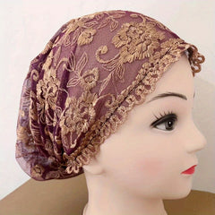 Rose Embroidery Lace Turban Cap Double Layer Beanie Ramadan Head Wrap Inner Hija