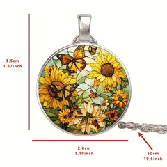 Round Butterfly Sunflower Crystal Pendant Necklace for Men and Women