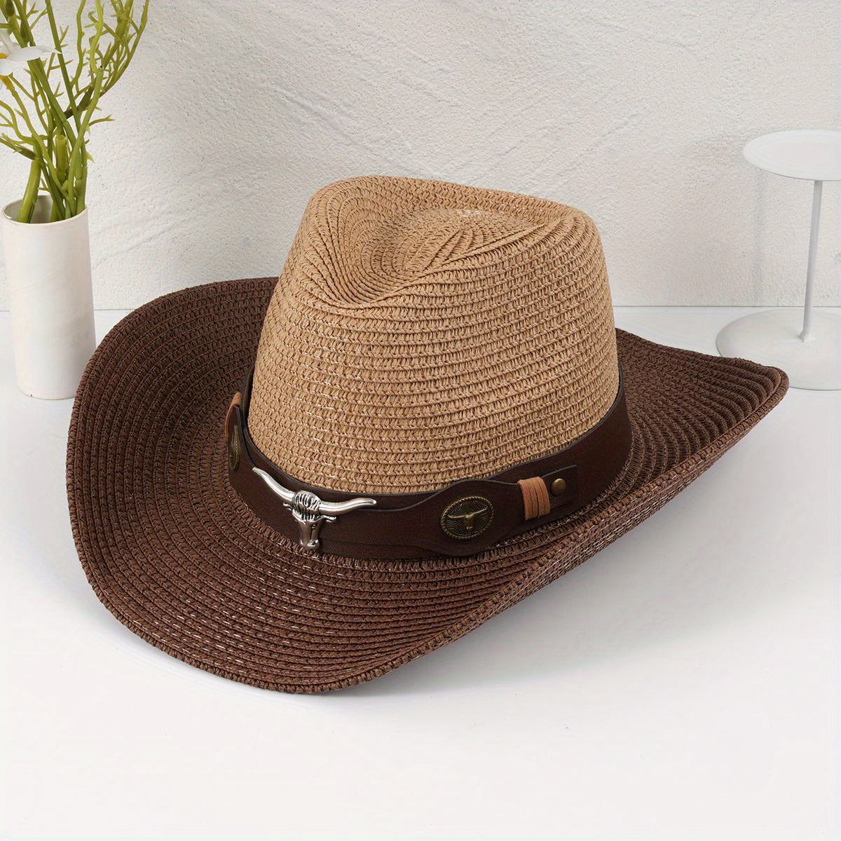 Vintage Bull Head Belt Cowboy Hat Straw Jazz Hat for Women & Men