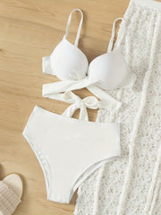 3-Piece Bikini Sets Tie Back High Cut With Cover-Up Maxi Skirt Swimsuit
