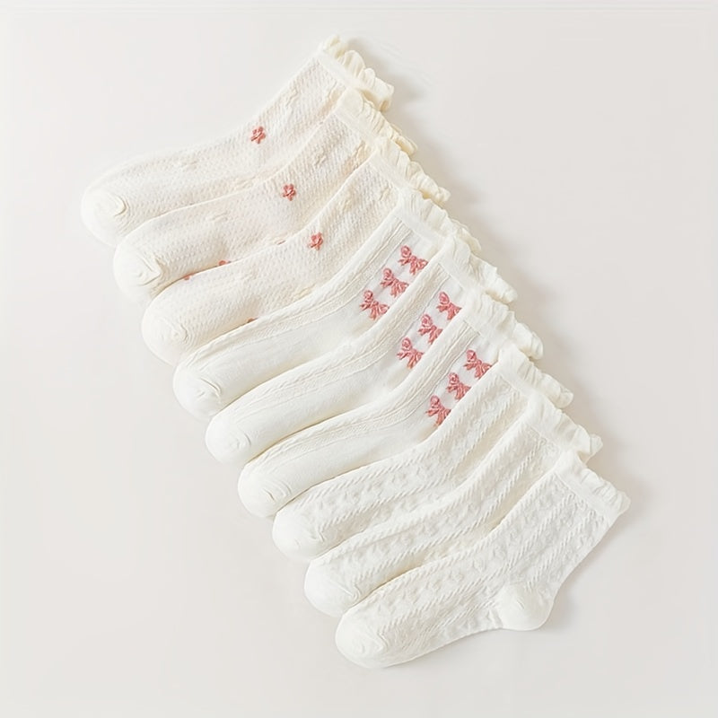 9 Pairs Bow & Floral Print Socks Women's Stockings & Hosiery
