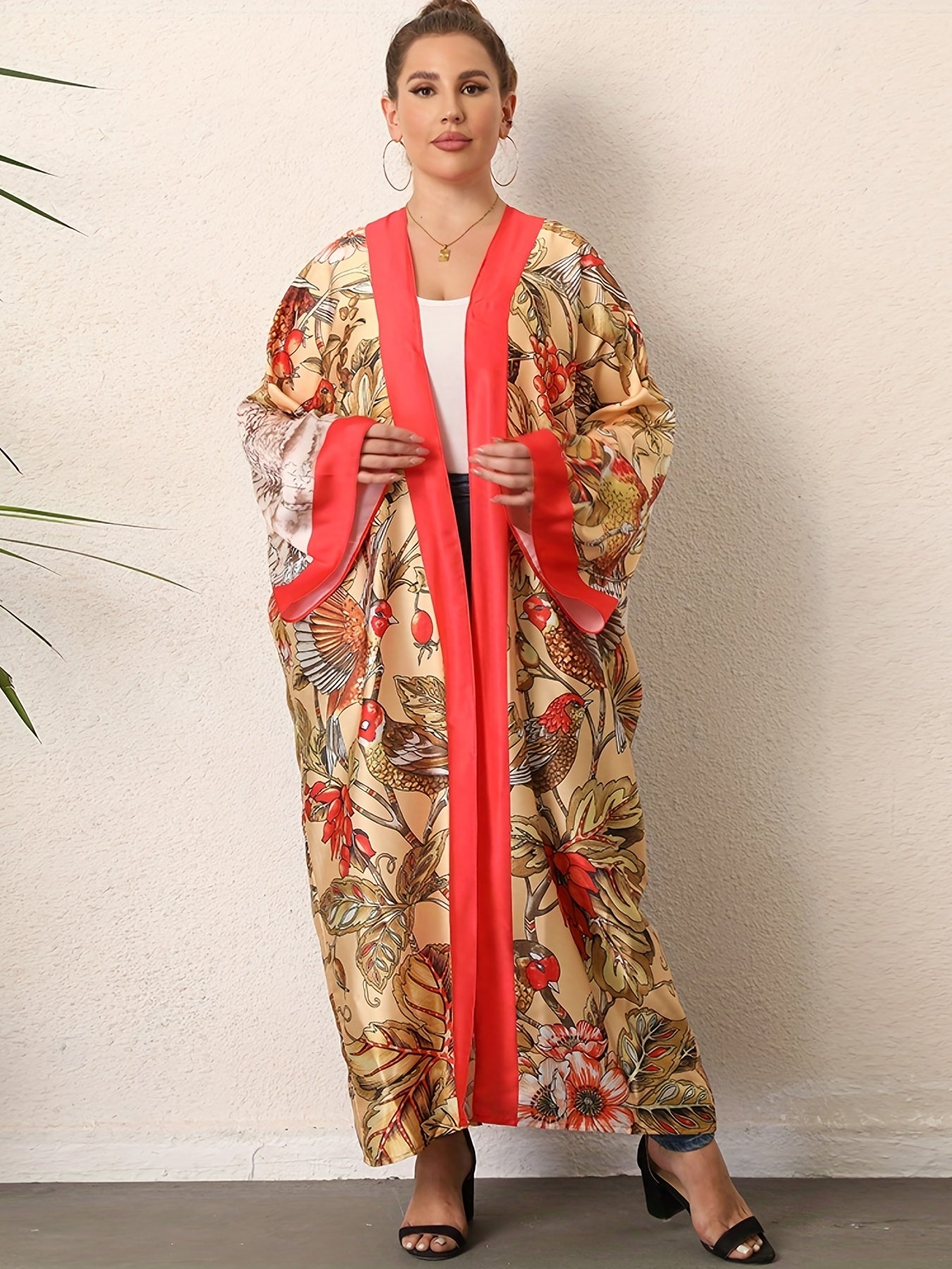  Boho Kimono Tropical Print Long Sleeve Beach Cover Up