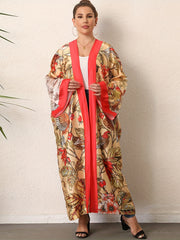  Boho Kimono Tropical Print Long Sleeve Beach Cover Up