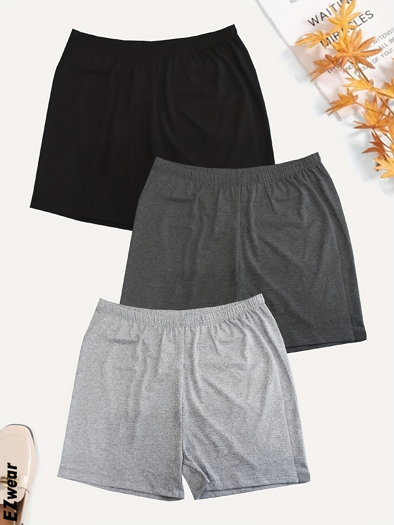 3 Pack Plus Size Sports Shorts Women's Plus Solid Elastic Medium Stretch Shorts