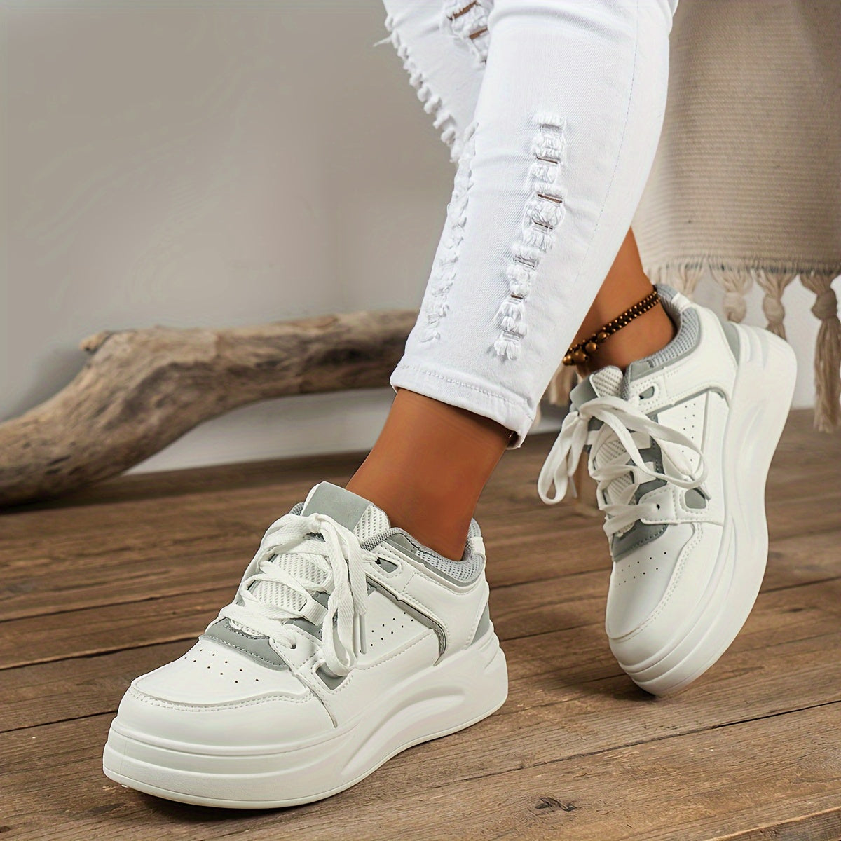 Faux Leather Non Slip Chunky Sneakers Casual Wear Resistance Running Shoes
