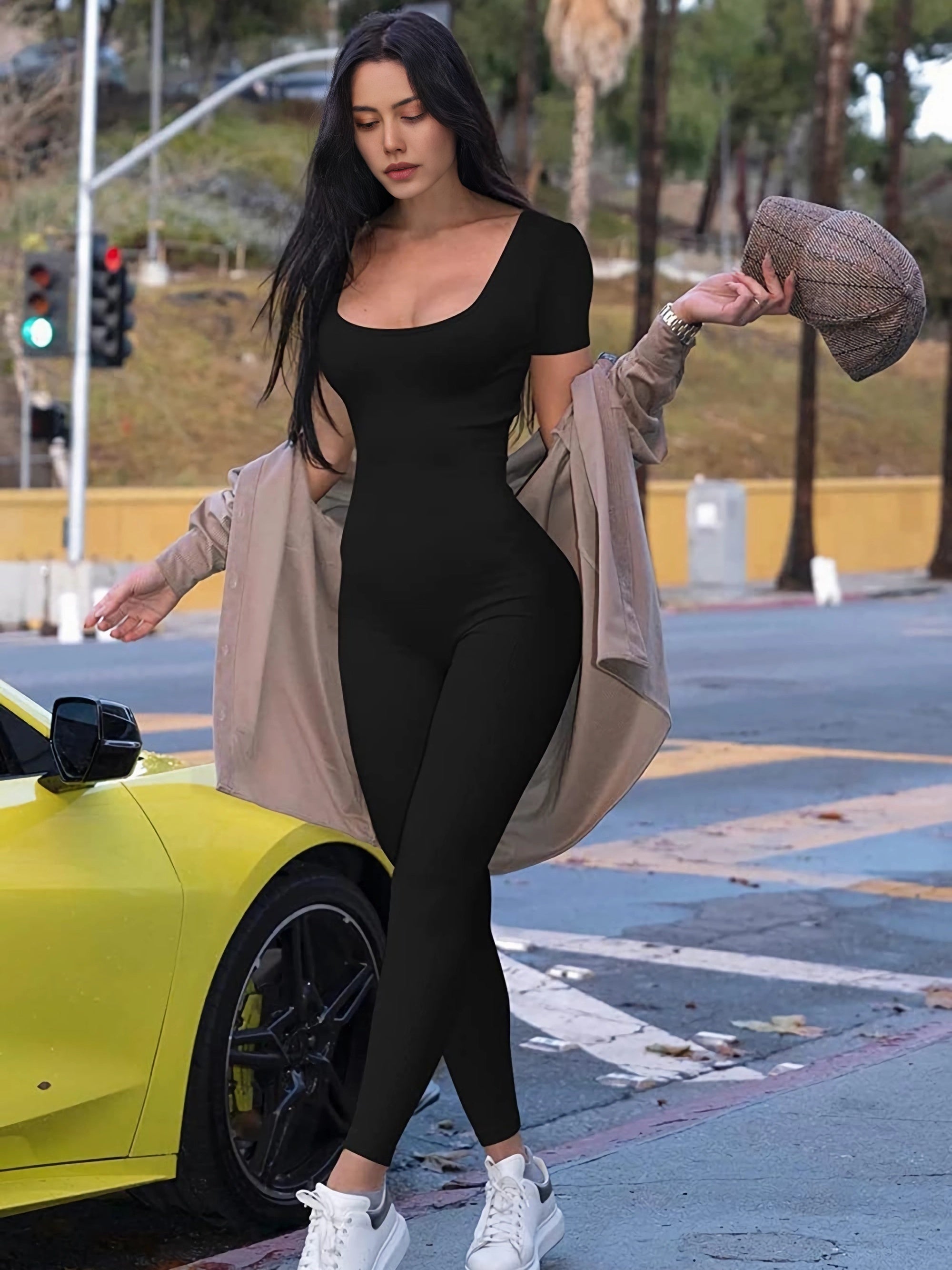 Sexy Short Sleeve Jumpsuit High Stretch Solid Color