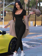 Sexy Short Sleeve Jumpsuit High Stretch Solid Color