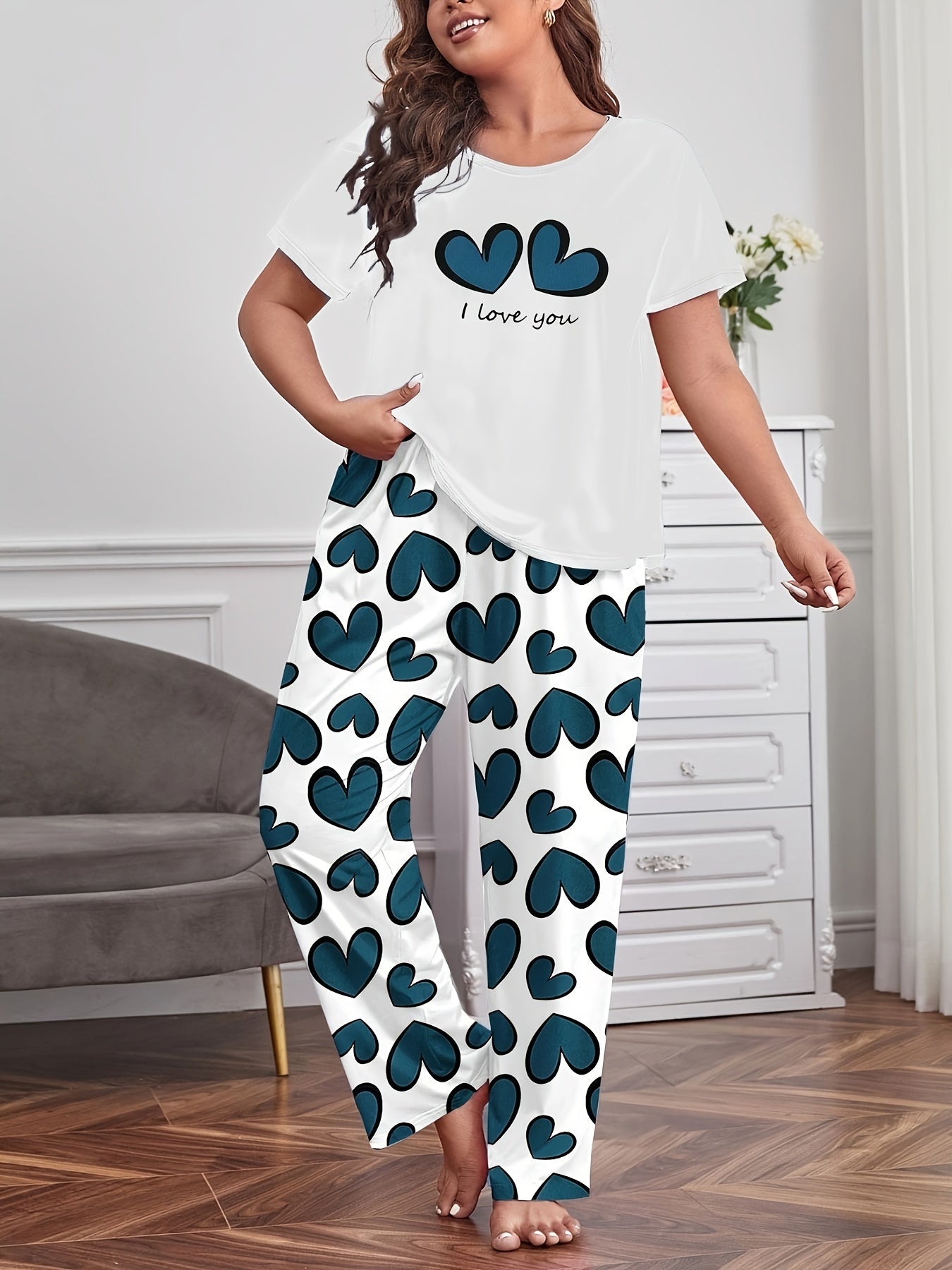  Casual Pajamas Set Women's Plus Slogan & Heart Pattern