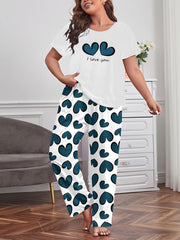  Casual Pajamas Set Women's Plus Slogan & Heart Pattern