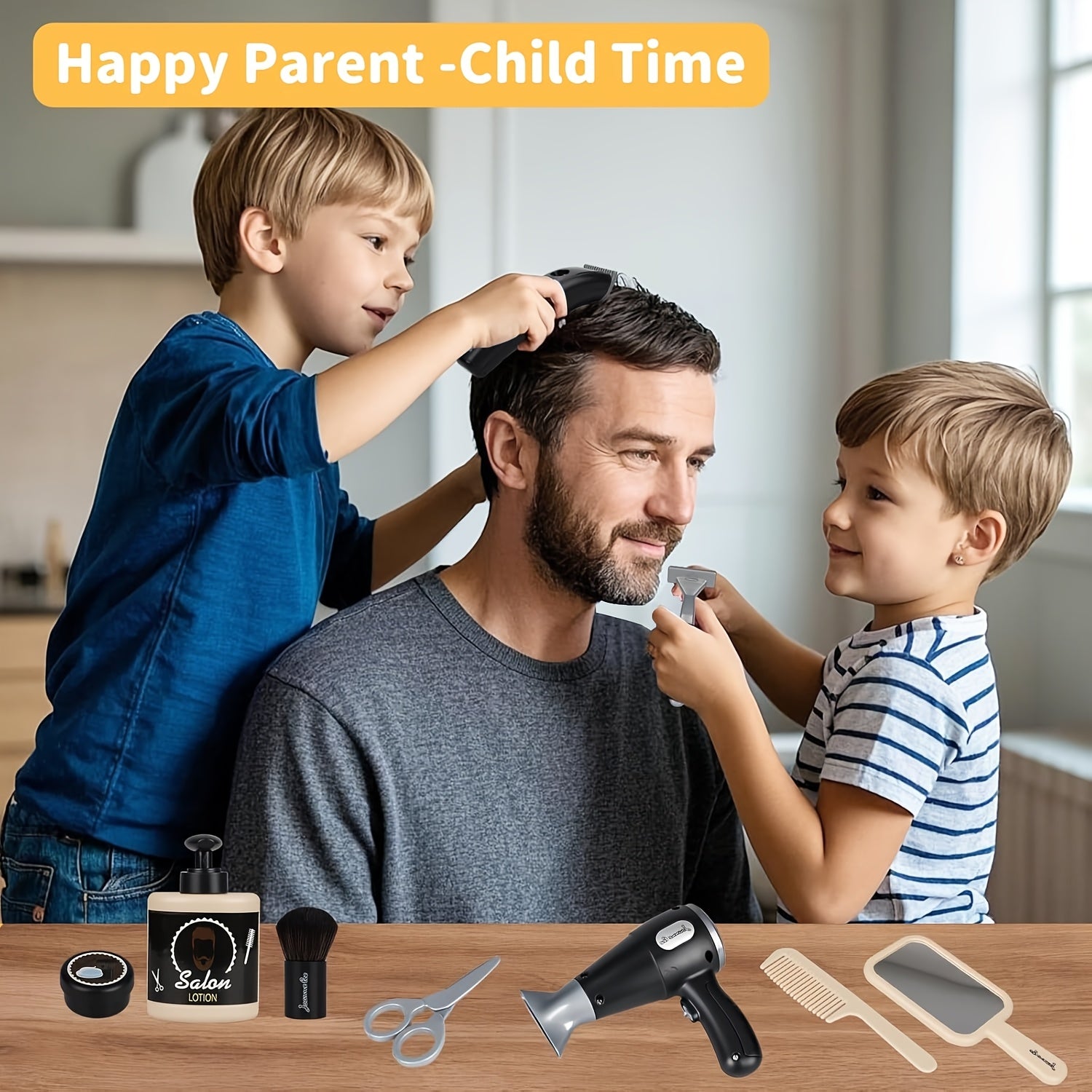 Kids Barber Shop Pretend Play Set with 10 Styling Tools & Portable Waist Bag