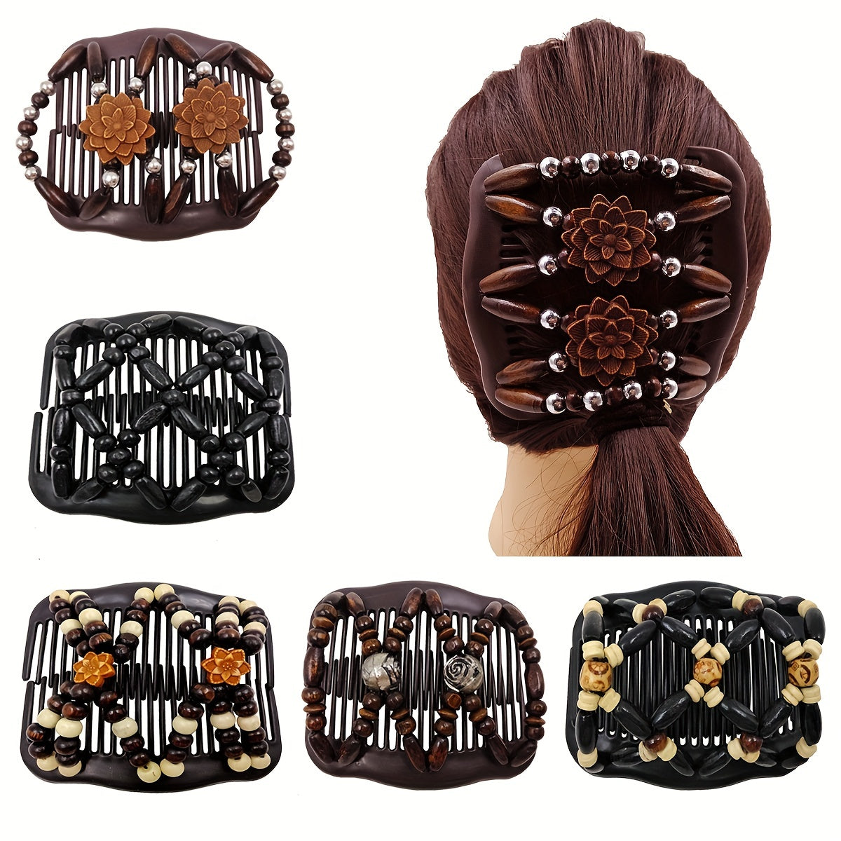 Boho Wooden Beaded Double Side Hair Comb
