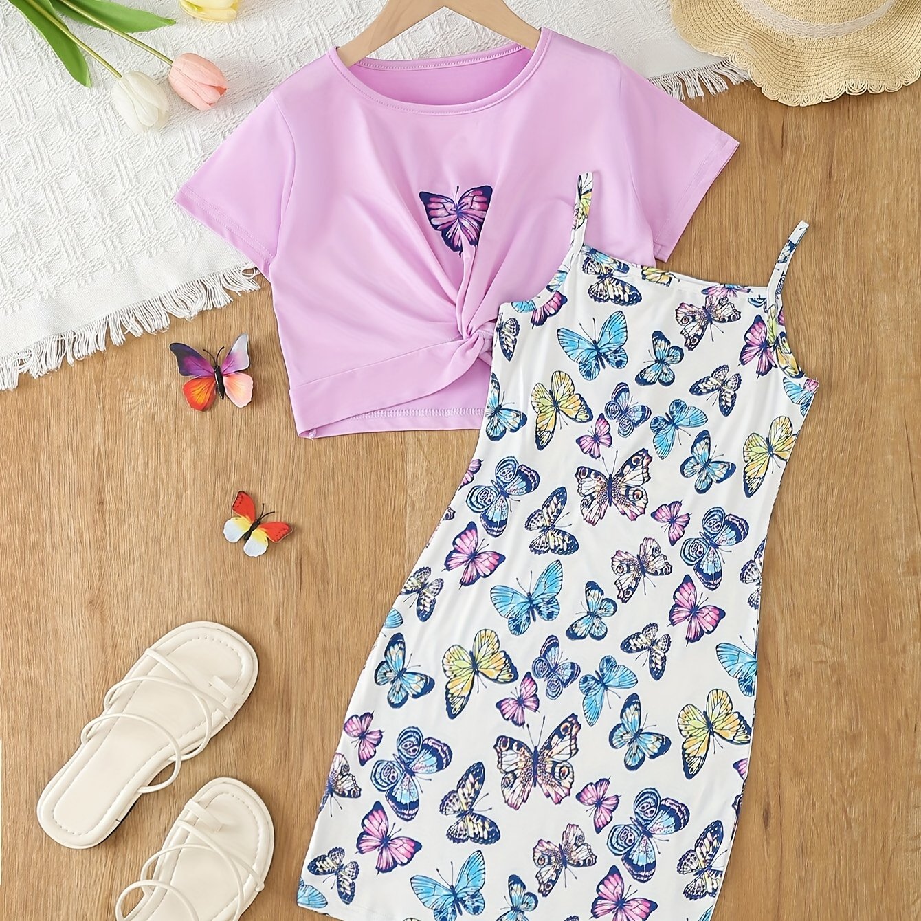 Girl's Butterfly Pattern Outfit Set for Summer