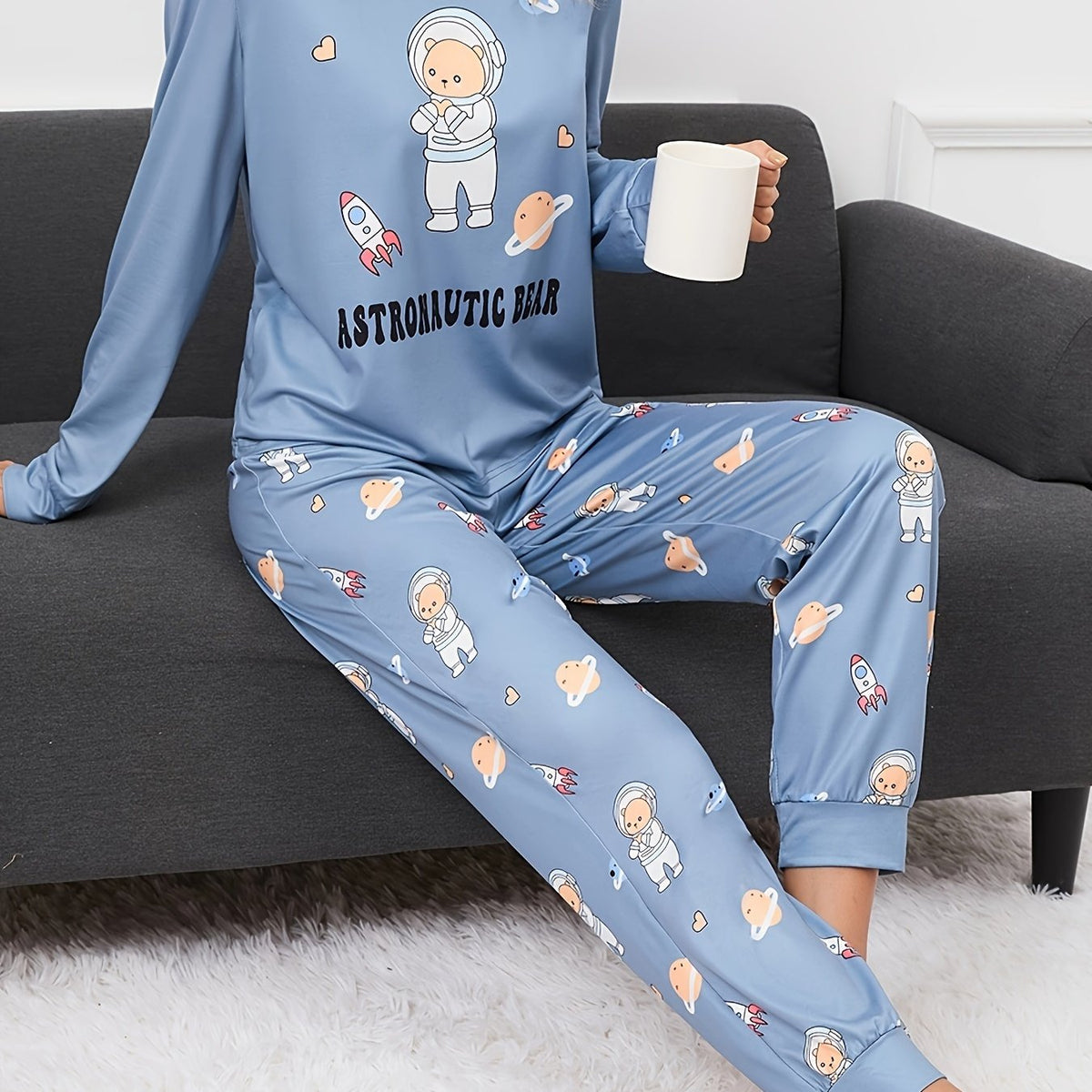 Bear Print Pajama Set Long Sleeve Top & Pants Women's Sleepwear