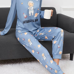 Bear Print Pajama Set Long Sleeve Top & Pants Women's Sleepwear