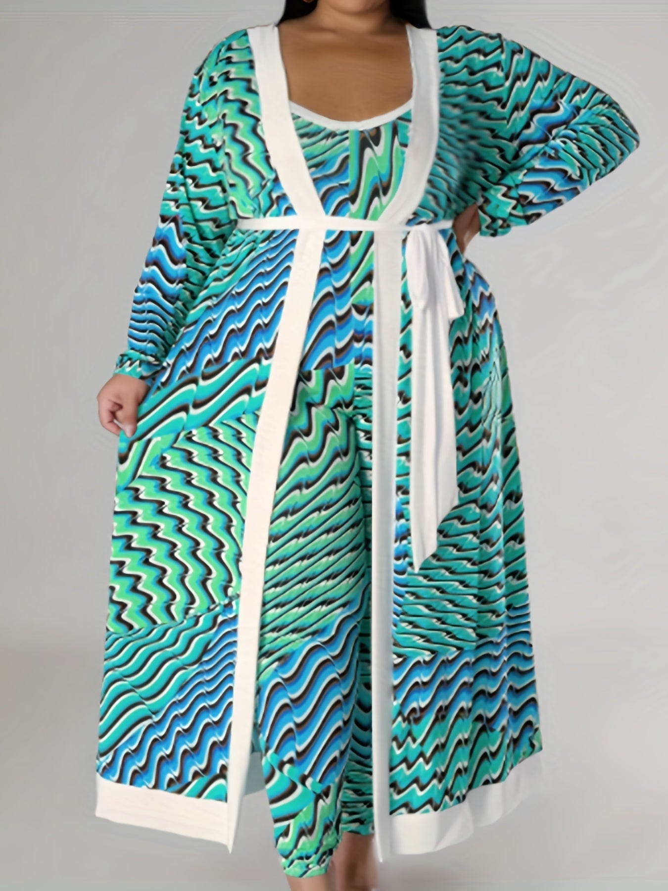  Colorblock Striped Cardigan & Jumpsuit Set