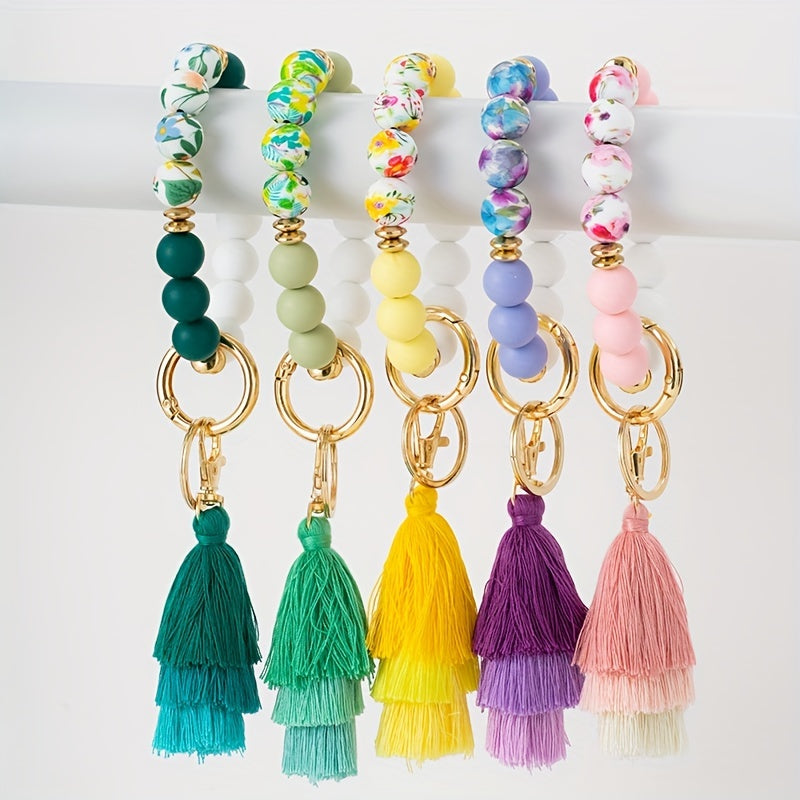Vintage Silicone Beads Bracelet Key Ring For Girls Child Tassel Keychain Pendant