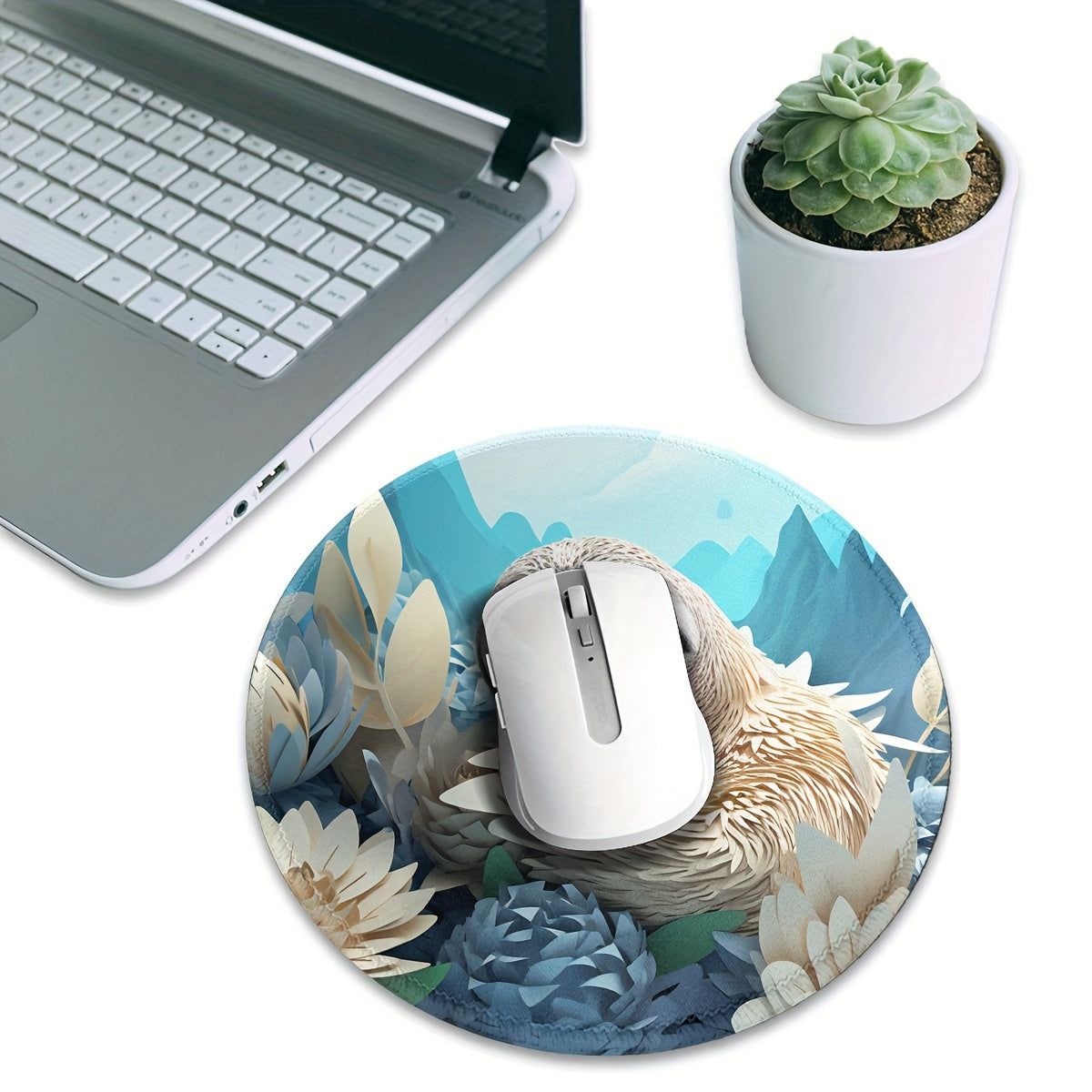 Round Sloth Pattern Mouse Pad with Stitched Edge for Home Office Desk