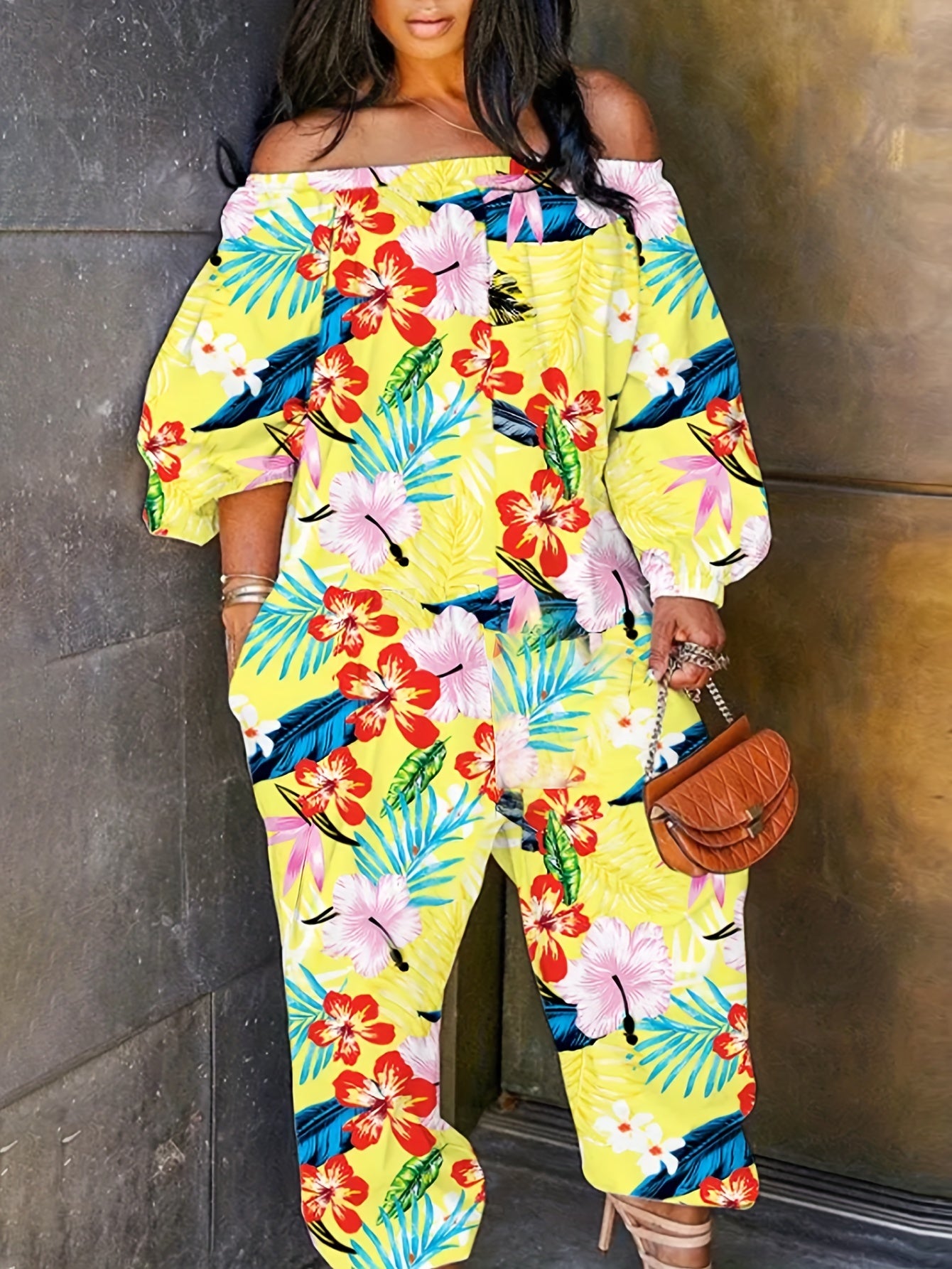  Floral Print Off Shoulder Jumpsuit With Pockets