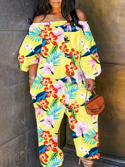  Floral Print Off Shoulder Jumpsuit With Pockets