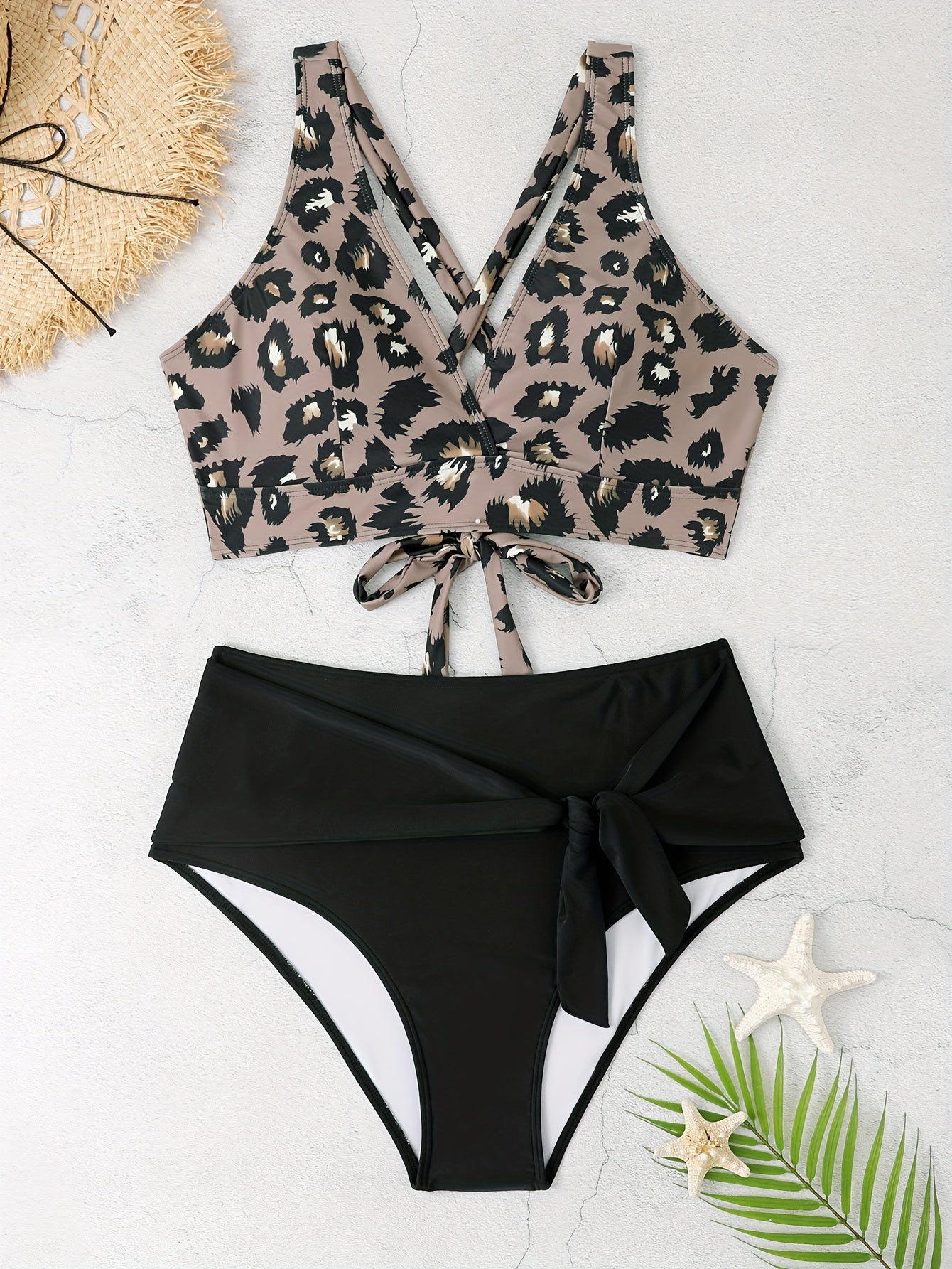  Sexy Bikini Set Women's Plus Leopard Print Wrap V Neck Lace Up Back