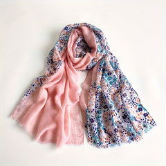 Dotted Flower Print Scarf Frayed Edge Boho Shawl