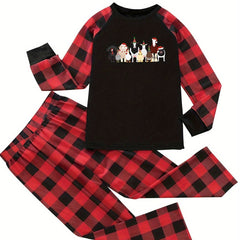  Christmas Pajamas Set Animal Print Raglan Sleeve Top & Plaid Pants
