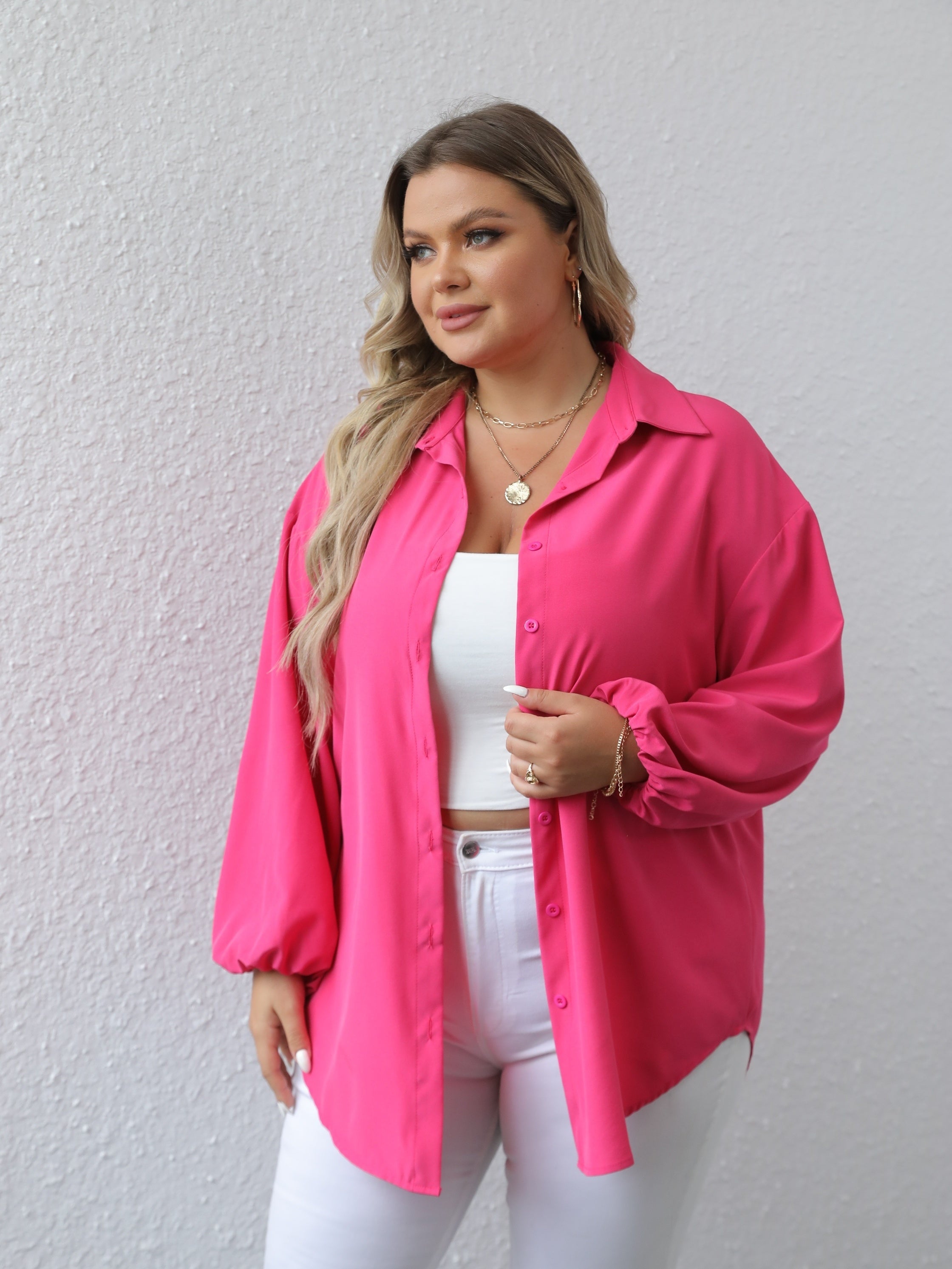 Solid Button Up Lantern Sleeve Blouse