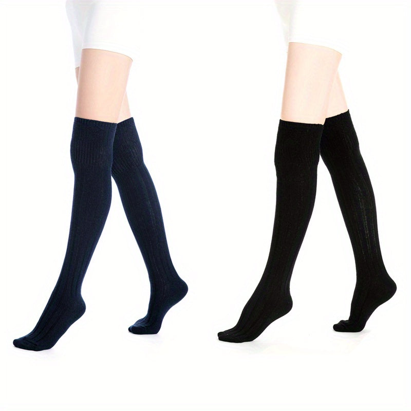 2 Pairs Knitted Thigh High Socks Solid Warm Over The Knee Socks