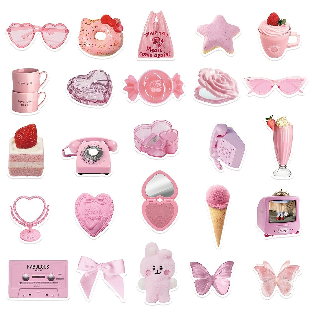 50 Pink Waterproof DIY Stickers for Phone Case Luggage Decor