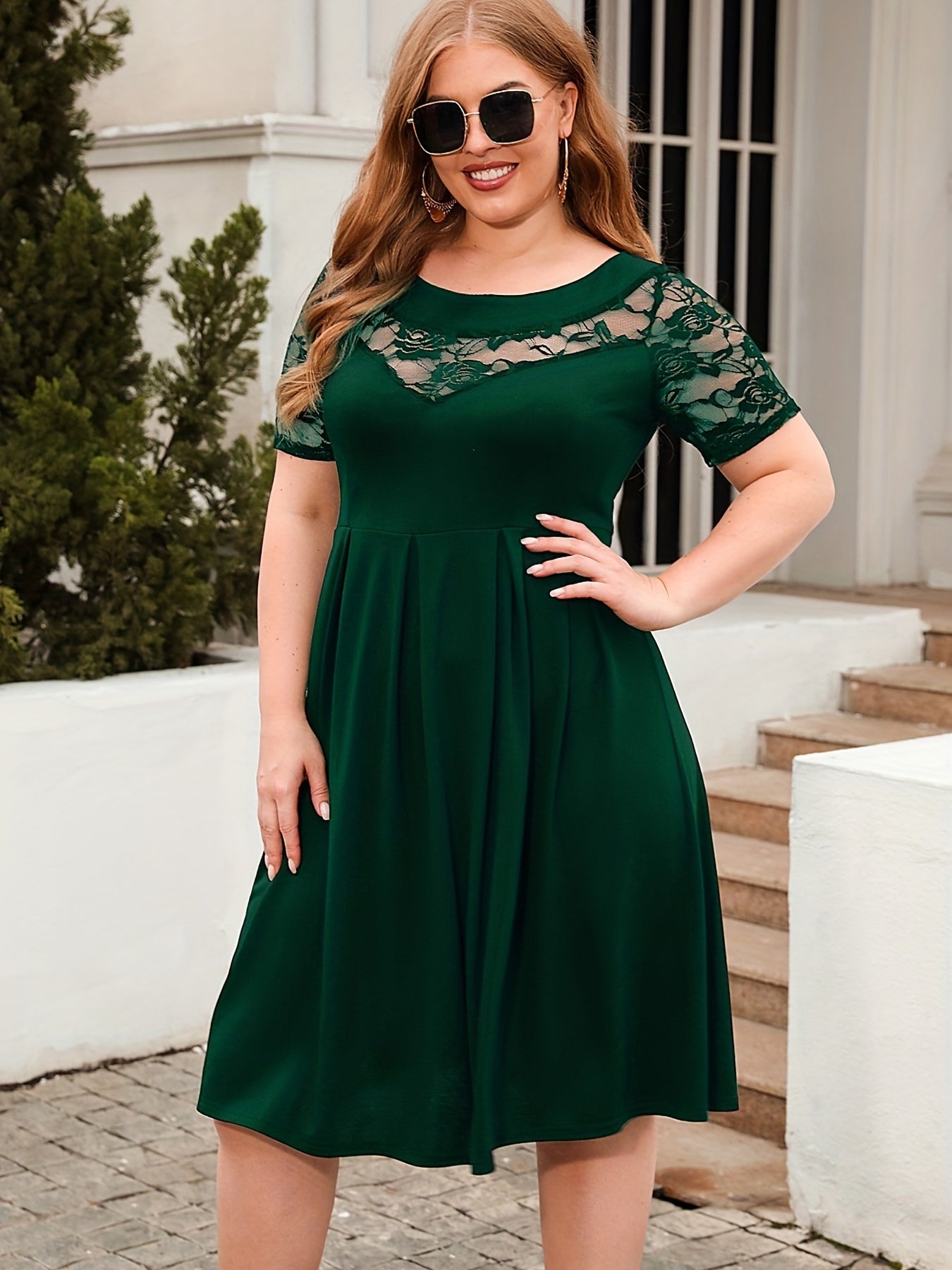  Floral Jacquard Lace Sleeve Dress