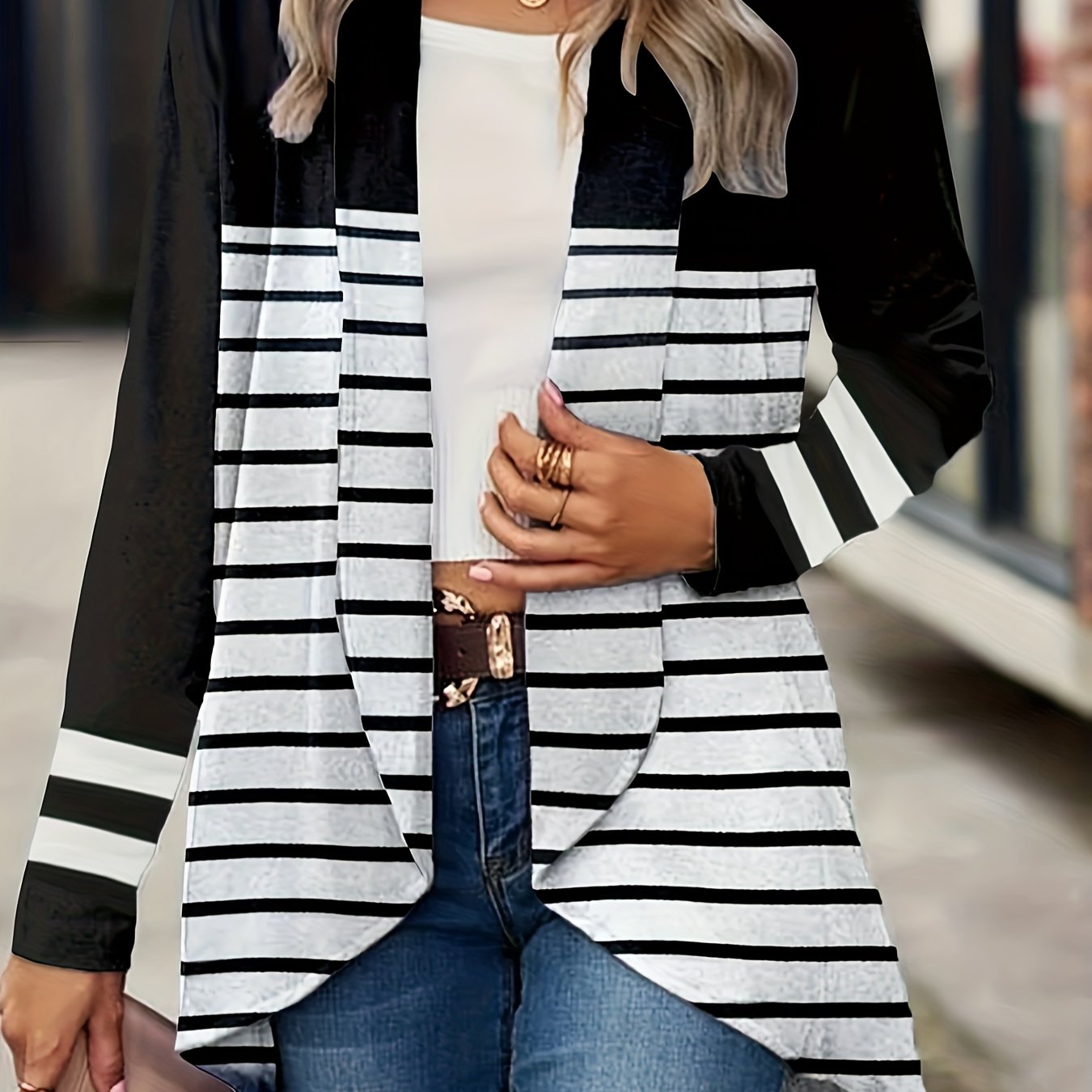  Colorblock Striped Long Sleeve Cardigan