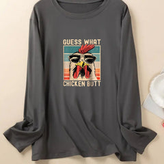  Cartoon Rooster & Letter Print Long Sleeve Pajama Top