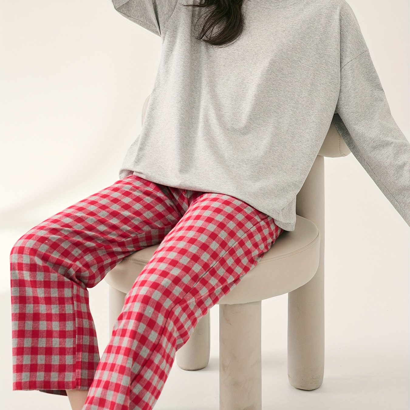 Cozy Pajama Set: Crew Neck Top & Plaid Pants