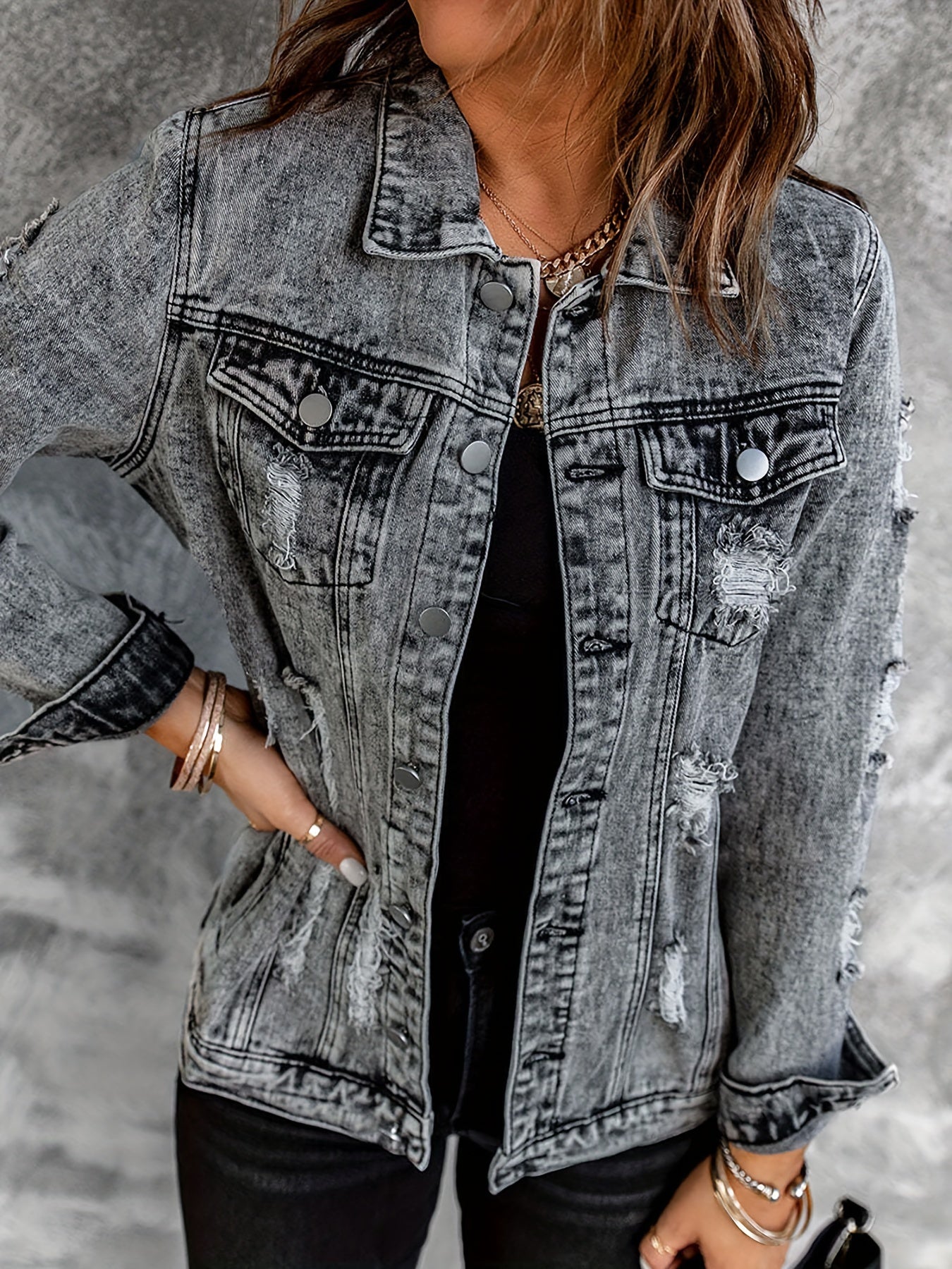  Casual Denim Jacket Women's Washed Ripped Collar Denim Jacket