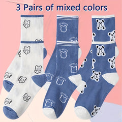 3 Pairs Bear & Plaid Print Socks Comfy & Mid Tube Socks Women's Stockings