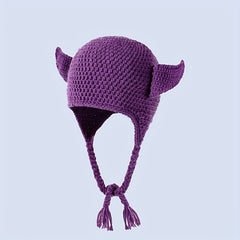 Devil Ears Knitted Beanie with Braid - Unisex