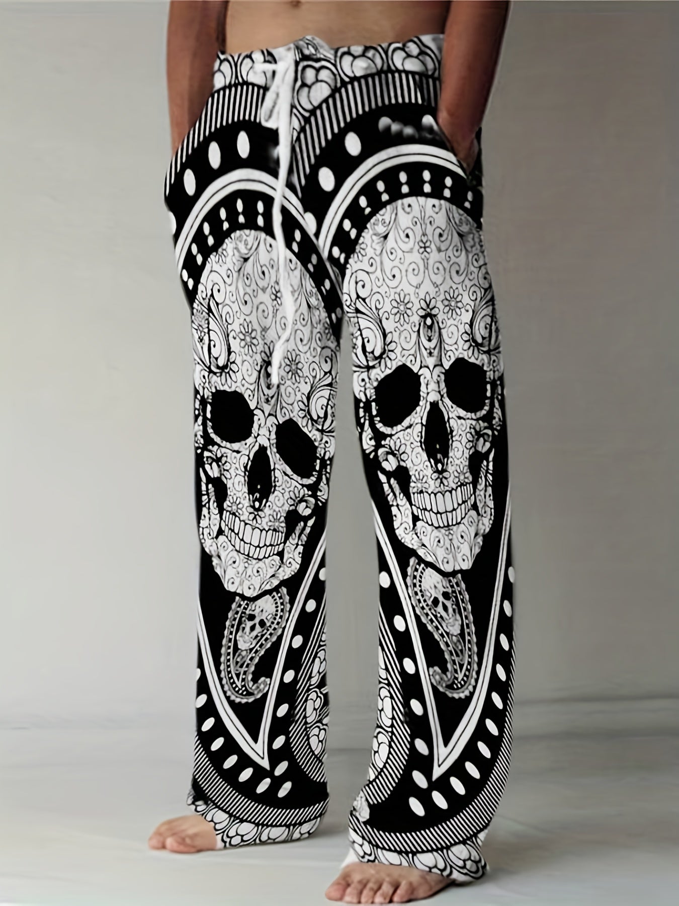 Skull Pattern Wide Leg Pants Men s Street Style Casual Allover Print