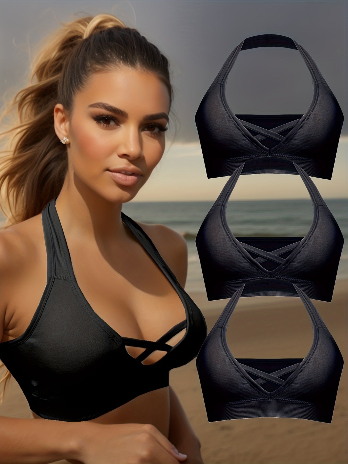3pcs Wireless Halter Sports Bras Comfy & Breathable Push Up Bra