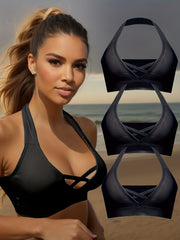 3pcs Wireless Halter Sports Bras Comfy & Breathable Push Up Bra