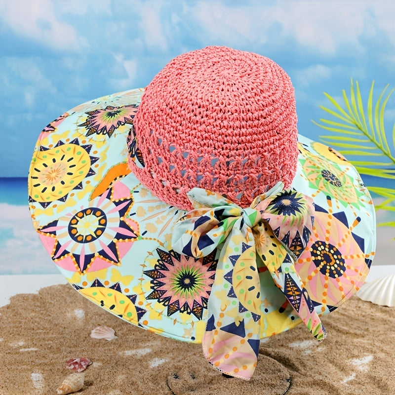 Boho Print Stitching Sun Hat Wide Brim Vintage Crochet Straw Hat