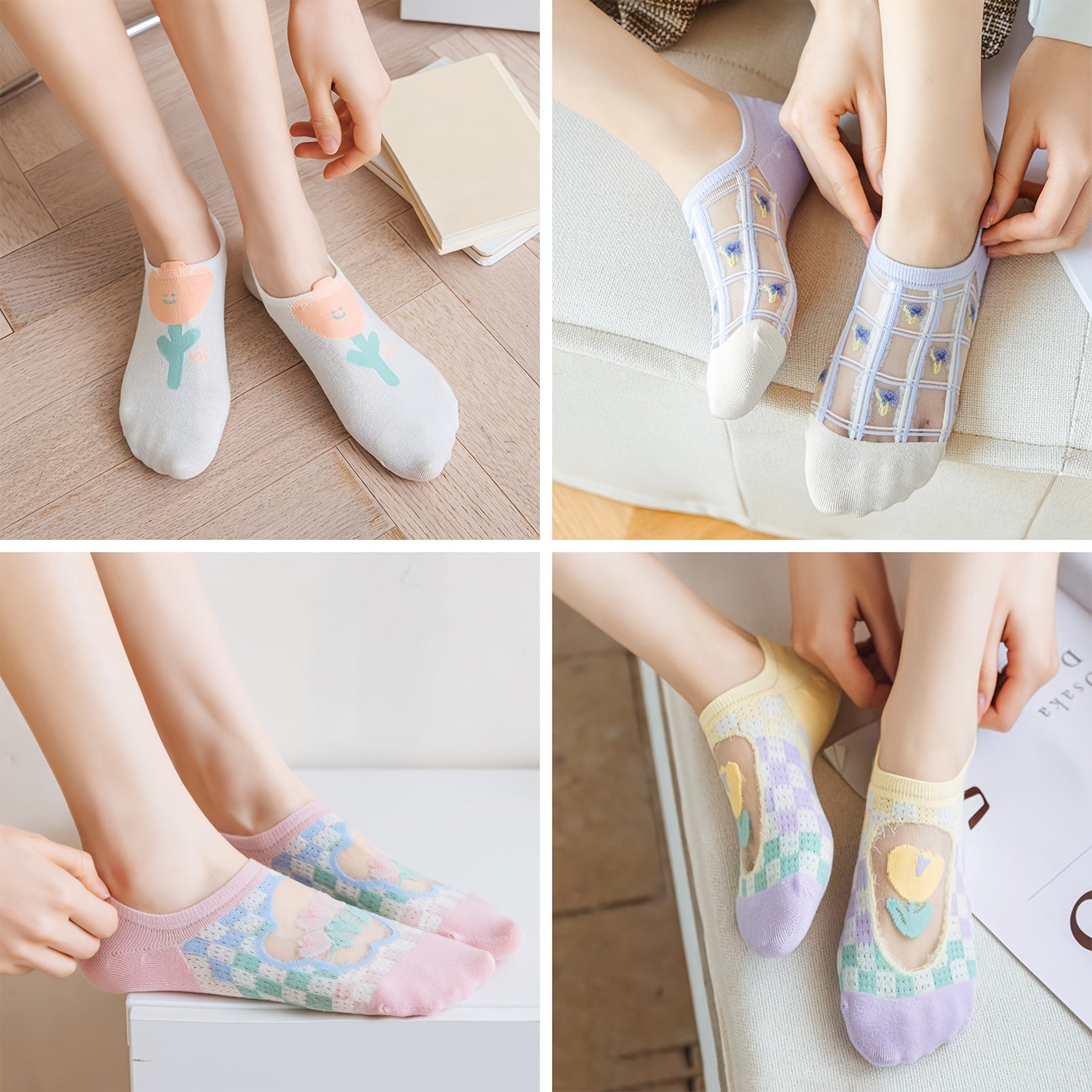 6 Pairs Floral Print Ankle Socks Women's Stockings
