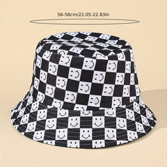 Mens Checkerboard Happy Face Polyester Bucket Hat