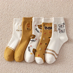 5 Pairs Cartoon Bear Print Socks Women's Mid Tube Stockings